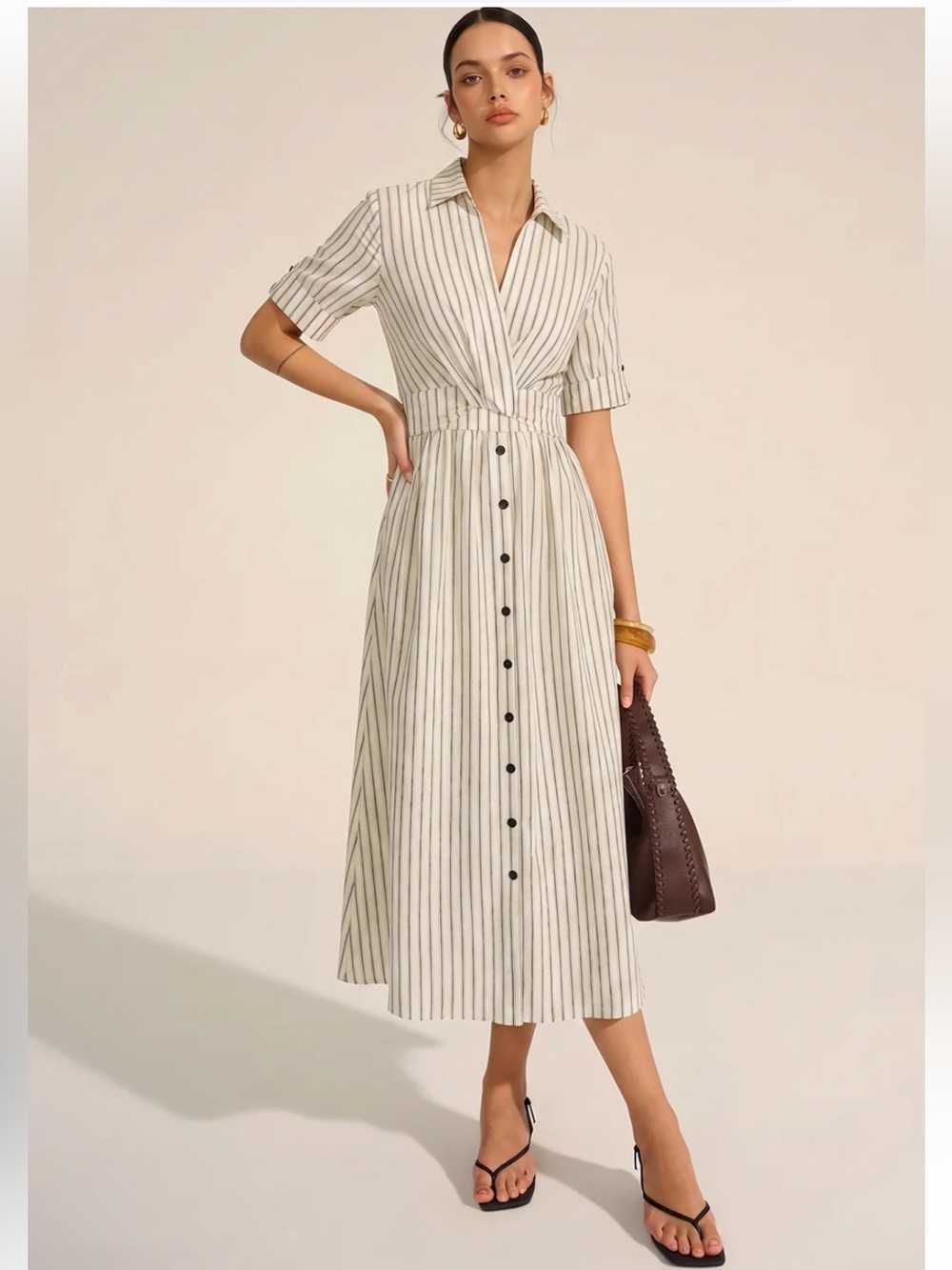 Commense Striped Collared Midi Dress in Cream and Black